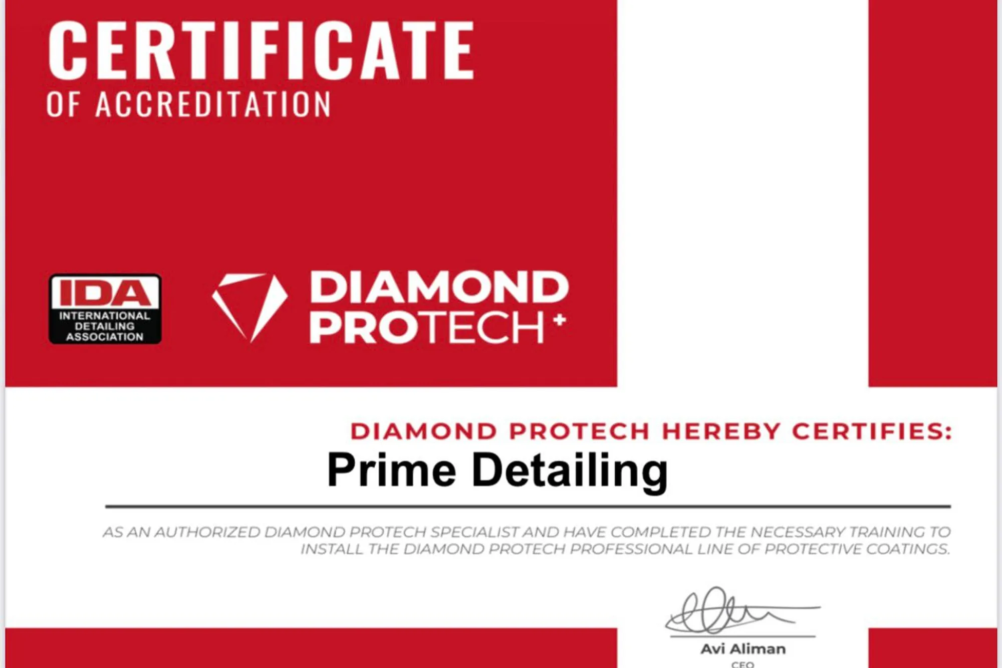 Certifikat akreditacije Diamond ProTech i IDA izdan studiju Prime Detailing